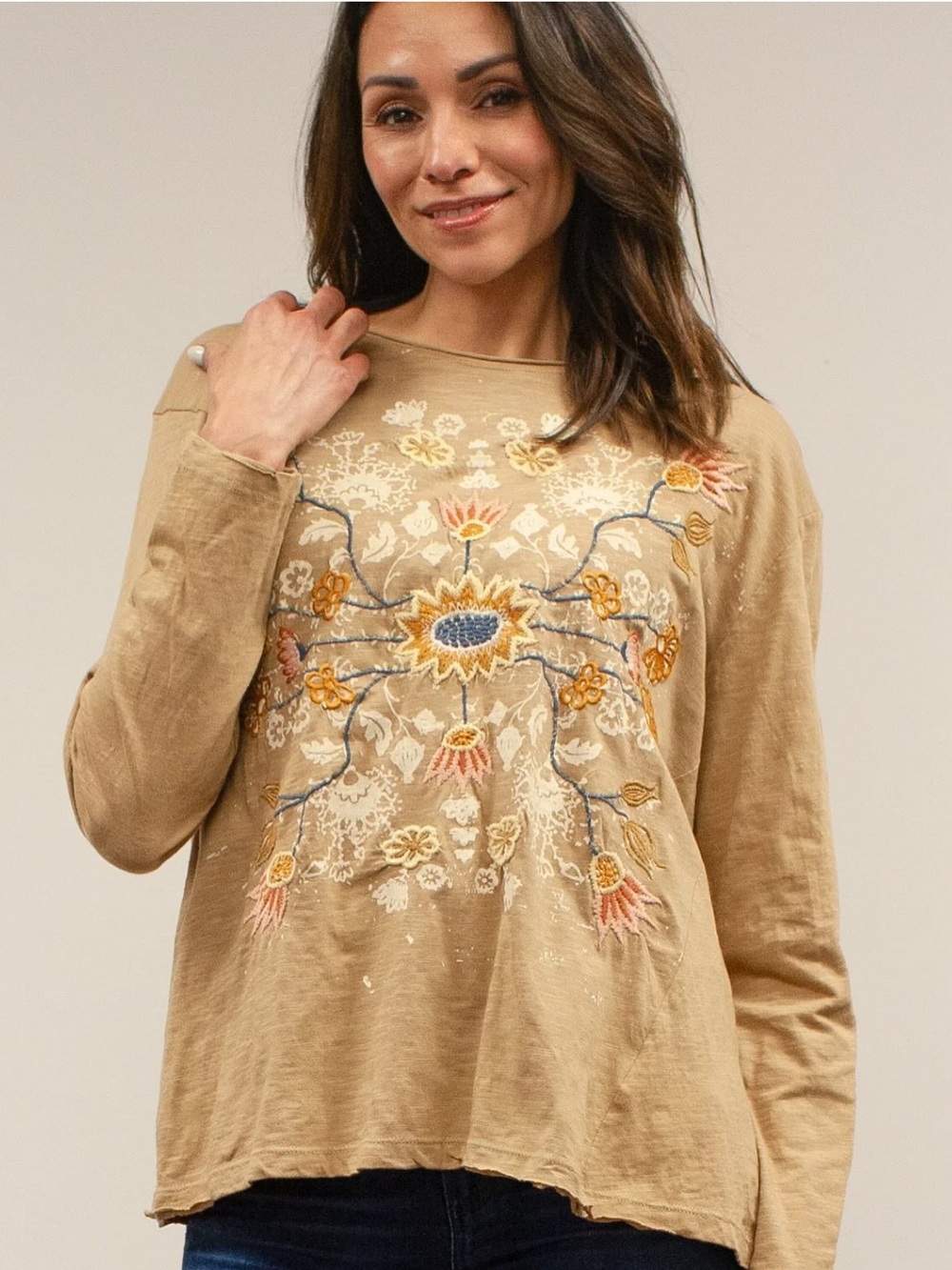 Athleta Karyn Seo Top XL Cotton Tan Floral Embroidered Boho Peasant